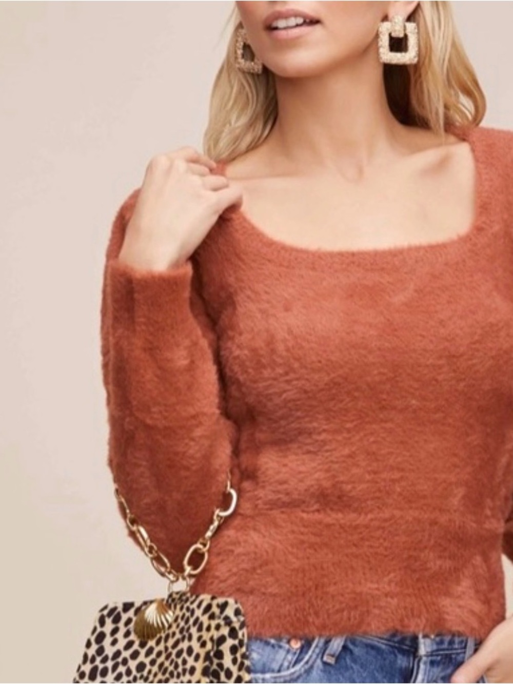 ASTR the Label Copper/Rust Fuzzy Crop Square Neck Sweater XS